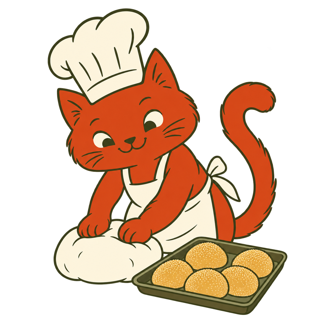 An illustrated red cat baker in a chef’s hat and apron, kneading pandesal dough